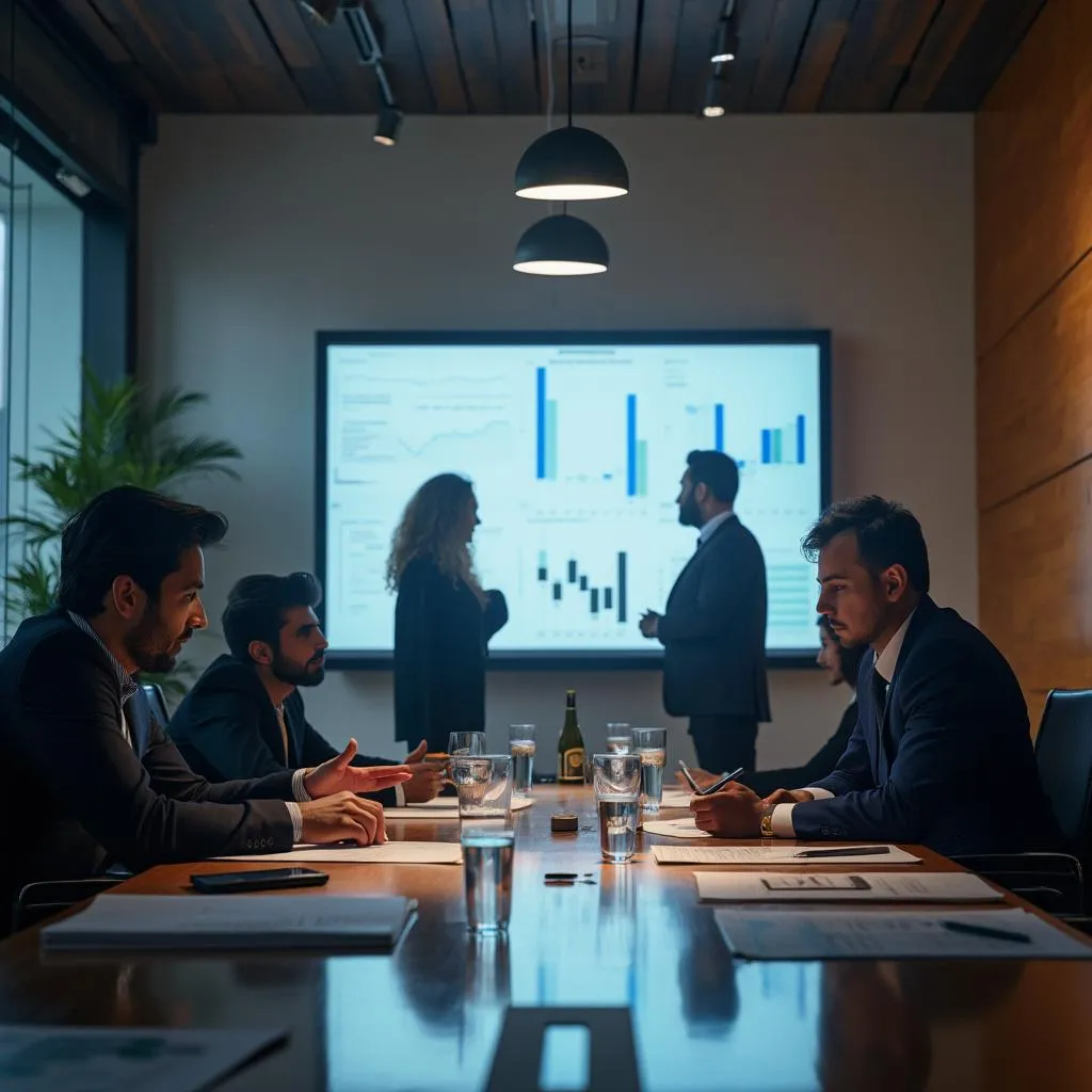 Finanzas corporativas con equipo analizando informes financieros