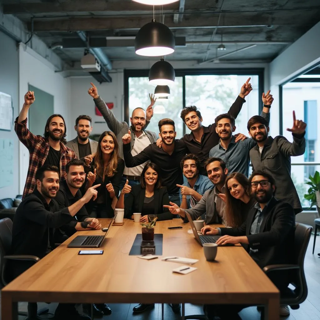 Equipo de startup celebrando éxito financiero